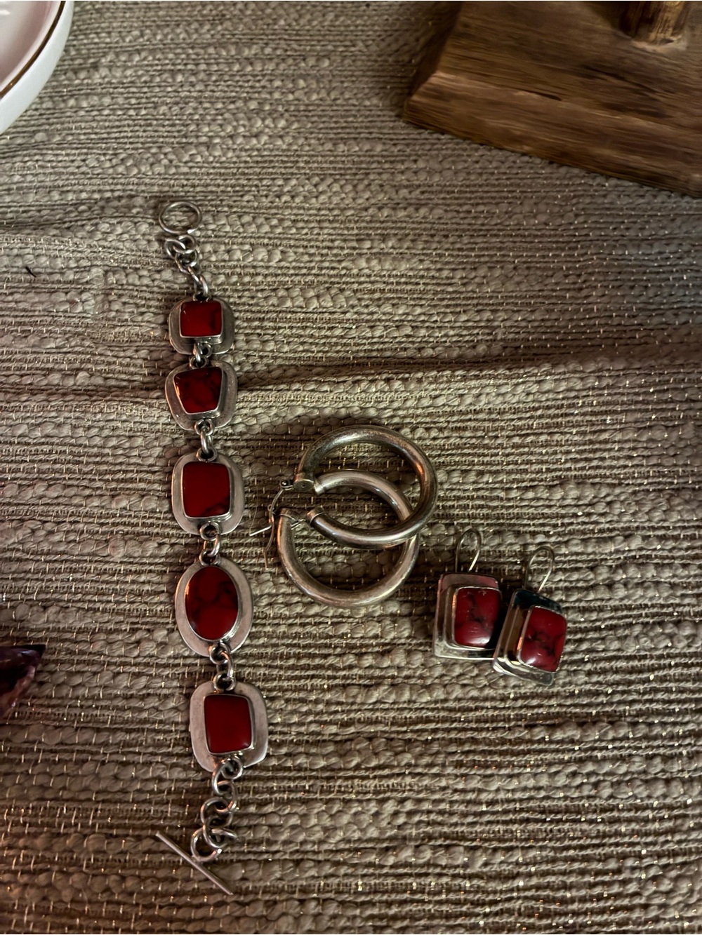 Red Stone sterling Silver Bracelet and Earring Set - Women Jewelry all 3